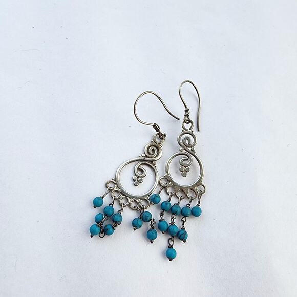 Handmade Sterling Silver Earrings Natural Stone Turquoise Boho Beaded Chandelier - Picture 4 of 4